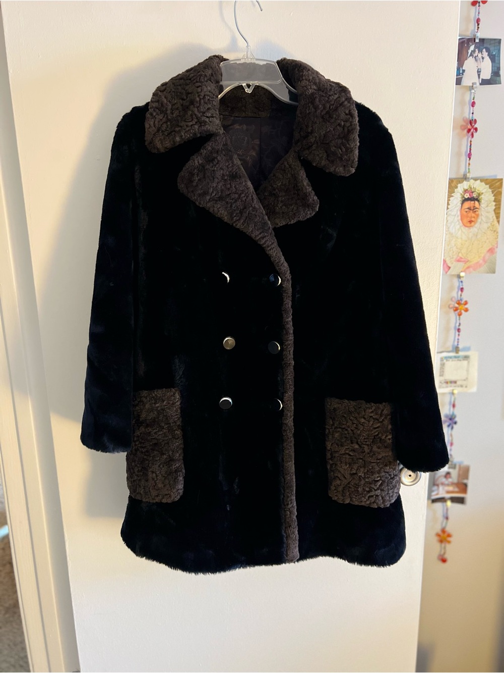 Vintage 60s/70s Borgana Women's Black Faux Fur Pea Coat